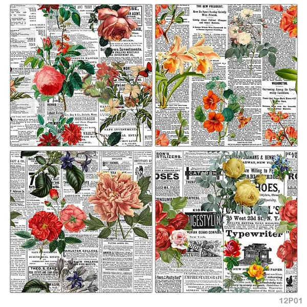 Floral Newsprint- 12*12 Paper Pack