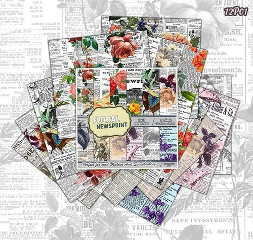 Floral Newsprint- 12*12 Paper Pack